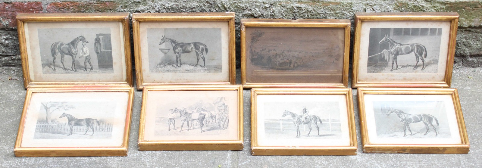 Eight monochrome prints of equestrian interest, depicting horses, some with jockeys, all titled to