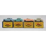 A group of four Matchbox Moko Lesney cars comprising Rolls Royce Silver Cloud, Austin A50, Ford