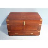 A 20th century brass bound and inlaid teak coffer/mule chest, the top opening to reveal a tray and