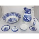 Four pieces of Abbey Blue and White ceramics, including a water jug and basin, a candlestick and a