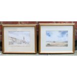 Barry Miles - A pair of watercolour studies, 'Beached Boat' and street scene with clock tower. 20