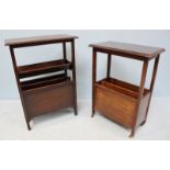 A 20th Century oak table, the plain top above a book cradle, leading to magazine rack, together with