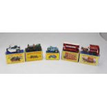 A group of five Matchbox Lesney vehicles, comprising 'Matchbox series 4' Triumph motorcycle and
