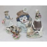 Five various Lladro ceramic figures, including a clown and a bird among others, all complete with