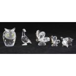 Five Swarovski crystal figures, comprising an Owl, Pig, Goose, large and smaller butterfly, ref no'