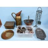 A quantity of assorted metalware items including a large copper jug, a Copper coal bucket, a metal