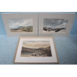 Three various landscape studies depicting scenes of rolling hills in the countryside, one signed,