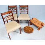 Three Regency mahogany standard chairs, together with two various footstools