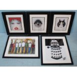 Five various assorted prints including one of a Dalek etc. all mounted and glazed in black frames.