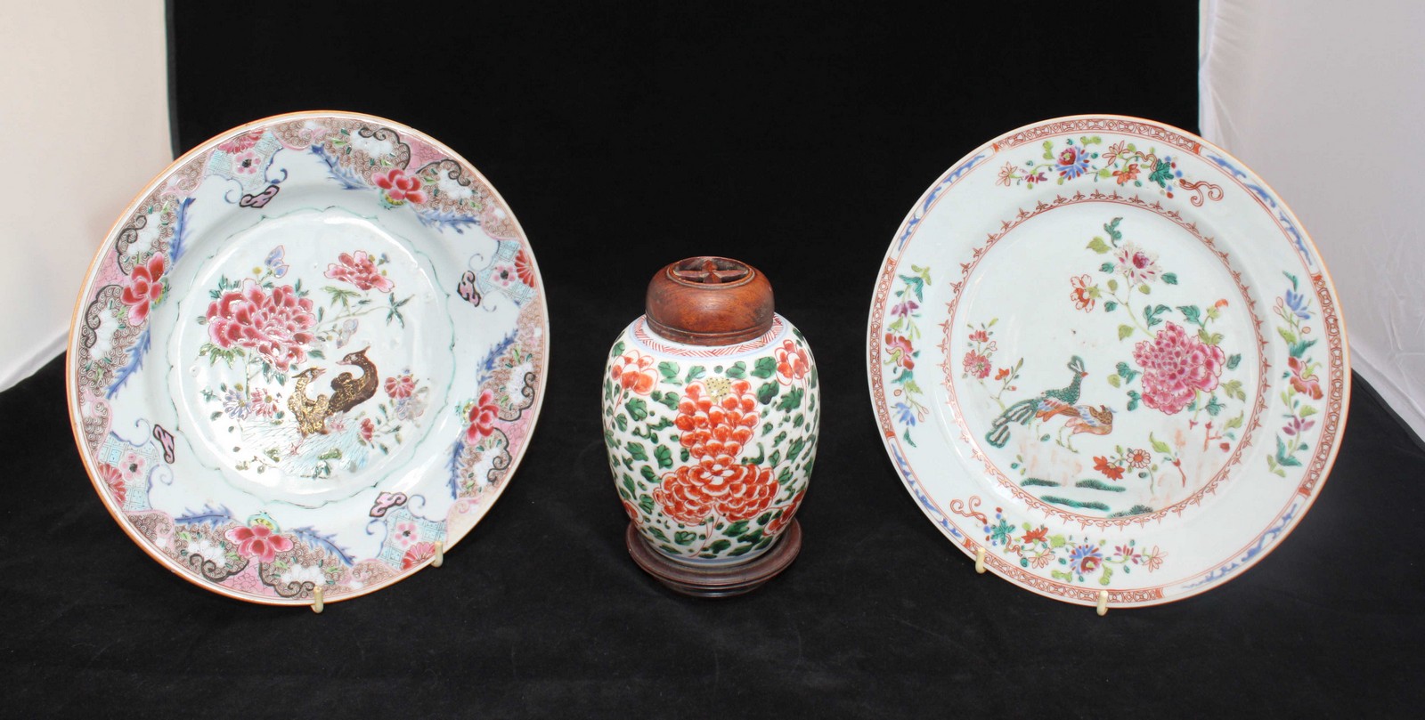 Two 19th Century Chinese famille rose plates and a famille verte ginger jar.