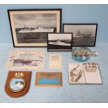 A quantity of mixed maritime items including various monochrome ships photographs, ships crests, a
