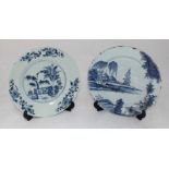 Two 18th century Chinese blue and white dishes, painted in cobalt blue with trees and buildings.