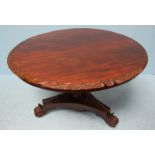 A Victorian circular tilt-top supper table, the top with leaf moulded edges and raised on an