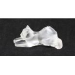 A Lalique glass figure of a cat, engraved mark to base, 'Lalique, France', 9cm long 3cm high