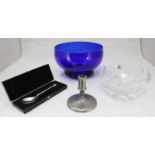 A glass 'Marquis bowl by Waterford, together with a blue glass bowl, a pewter candlestick and a