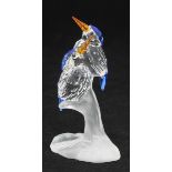 Swarovski crystal 'Malachite Kingfishers' showing two birds resting upon a frosted glass base,