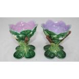 A pair of George Jones Majolica Sweetmeats modelled as rush and lily pad vases, model number 3395,