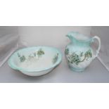 A Victorian pottery jug and washbasin printed with blue spring flowers