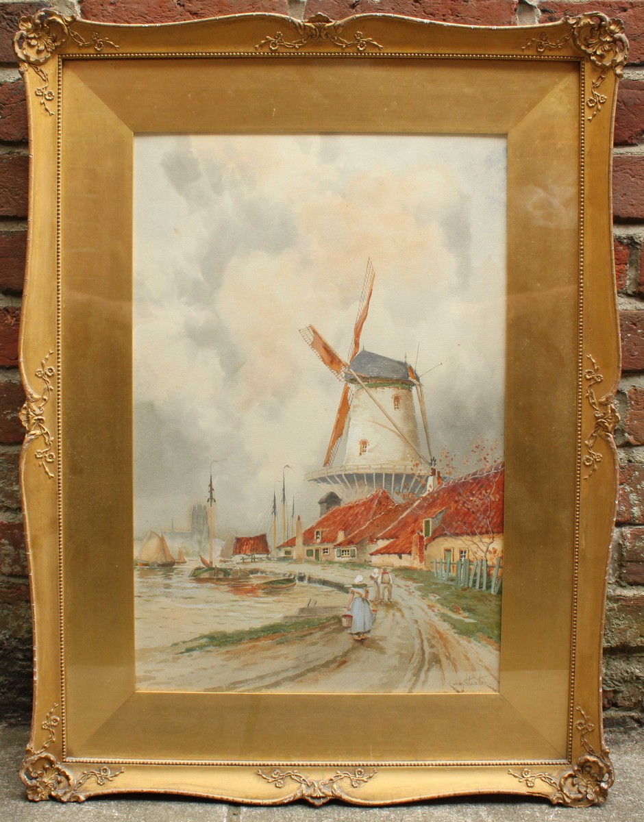 Louis Van Staaten (1836-1909) Scene depicting figures on a river bank, with a windmill in the