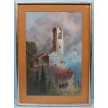 Henry Richard Beadon Donne (1906-1939) An Italian Medieval church by a lake. Signed, watercolour.