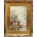 Louis Van Staaten (1836-1909) Dutch canal scene with boats and a Cathedral beyond. Signed,