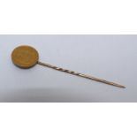 An 1884 South African gold 1/2 Pond mounted as a brooch pin, 6.29 grams including pin
