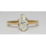 A ladies 18ct yellow gold and solitaire marquise-cut diamond ring, the claw-set marquise diamond