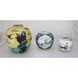 Three various oriental ginger jars, two decorated with scenes of figures, the larger decorated