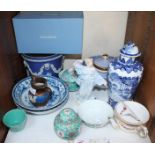 SECTION 22. A Chinese blue and white vase and cover, a ceramic invalid feeder and a Wedgwood