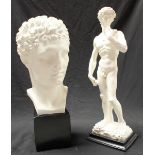 A white painted composite figure of David, together with a white painted ceramic bust in the Greek