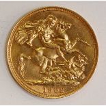 A 22ct gold 1902 double Sovereign, gross weight approximately 16g.