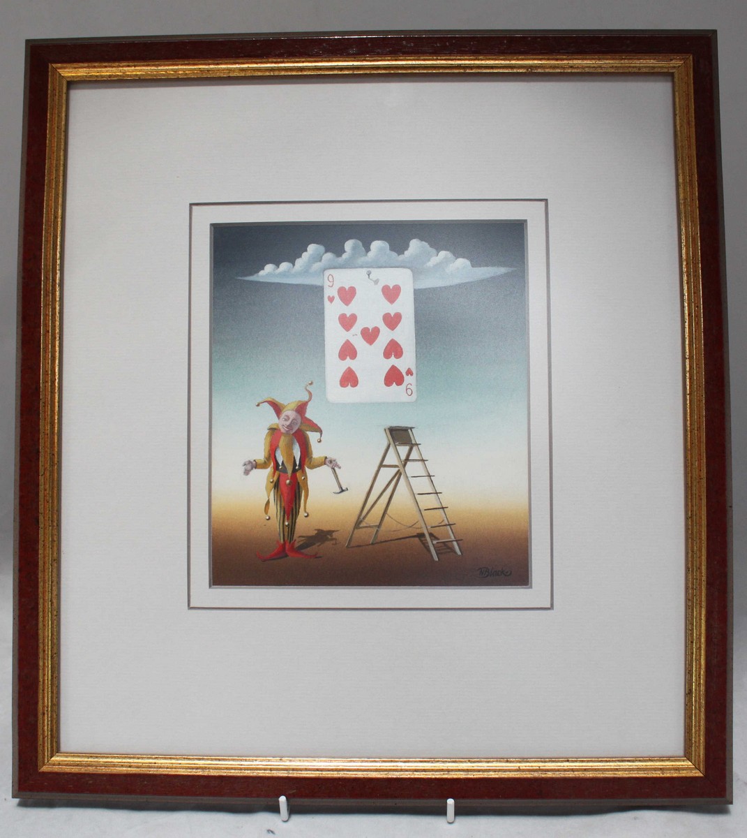 Norman C. Black, British (1920 - 1999) Surrealist study depicting a jester and a playing card nailed