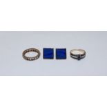 A 9ct gold sapphire and diamond ring and a 9ct gold eternity ring (as found), together with a pair