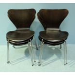 Six brown-stained laminate 'Ant Chairs' by Fritz Hansen after Arne Jacobsen, (as found with