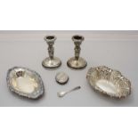 A pair of silver squat candlesticks with loaded bases, 10cm, two various bon-bin dishes, a mustard