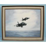 Philip Marchington (b1934), Two RAF Jaguar Jets in flight over the sea, signed, oil on canvas,