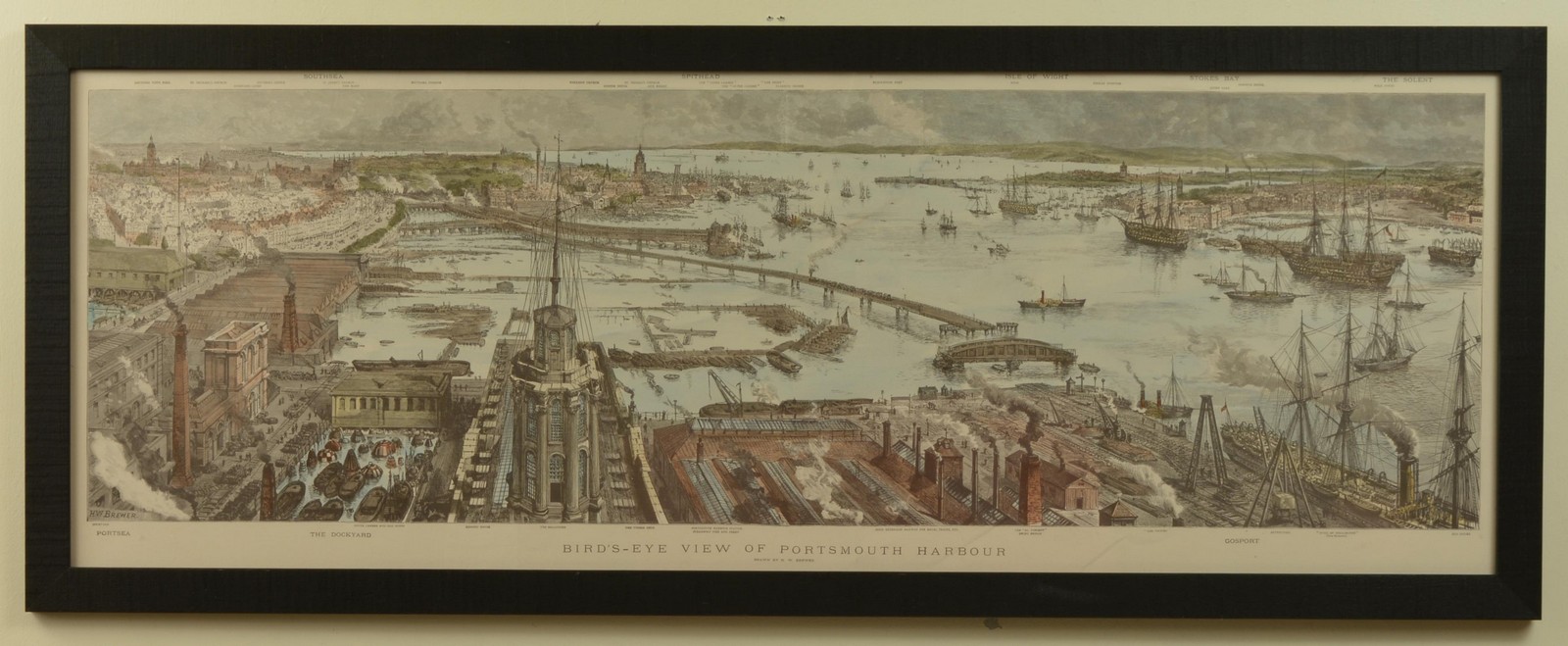 Bird's-Eye View of Portsmouth Harbour, a hand coloured print after H.W. Brewer depicting an