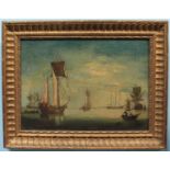 19th Century School. Various tall ships at anchor and figures in tenders at dusk, unsigned, oil on