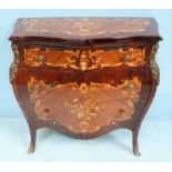 A Sorrento style serpentine front, marquetry bombé commode, with three long graduated, oak lined