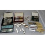 A selection of silver-plated flatware, including cased fish sets, some loose knives and a set of six