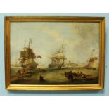 19th Century school, 19th Century Royal Navy three masted ships and figures in rowing boats on the