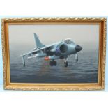 Harold Garland (20th century), Harrier Jump Jet hovering over the sea, signed, oil on canvas,