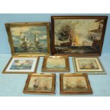 Six modern maritime furnishing pictures featuring fully-rigged 17th and 18th century ships, oil on