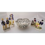 Four various Staffordshire pottery figures including 'Military Batsman' etc and an Oriental bowl