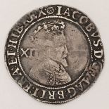 A James I silver Shilling, Rose above crown, struck coin alignment, condition F+, weight 5.75 grms