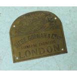 A Siebe Gorman & Co brass name plate, with Patent lion and unicorn to the arched top, company name