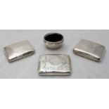 Three various silver cigarette cases and a silver open salt with blue glass liner. Gross weight