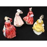 Four Royal Doulton ceramic figures of ladies including 'Lilac Time HN.2137,' 'Sweet April HN.