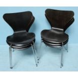 Six dark brown-stained laminate 'Ant Chairs' by Fritz Hansen after Arne Jacobsen, (as found with