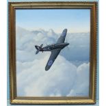 Robert Richards (20th century), Spitfire above the clouds, signed, oil on canvas in gilt frame,